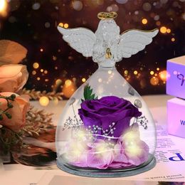 1 ensemble petit ange roses préservées en verre pour toujours fleur de rose éternelle noël anniversaire saint valentin cadeau de mariage femmes fille 240117