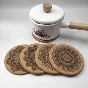 Sous-verres en bois au Design Mandala nordique créatif, tapis rond pour tasse à café, dessous de verre en liège, décoration de cuisine, 1 lot de 6 pièces