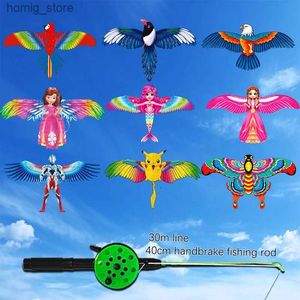 1 Set van kinderen vliegende vliegers cartoon vlinder zeemeermin Parrot Magpie Eagle vliegers met handgrepen buitenspeelgoed voor kindervliegende vliegers Y240416