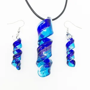 1 ensemble pendentif collier boucle d'oreille ensemble Style chinois rétro bleu marine spirale couleur glaçure verre de Murano pour les femmes feuille d'or chaud