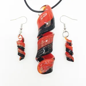 1 ensemble pendentif collier boucle d'oreille ensemble Style chinois rétro rouge noir spirale couleur glaçure verre de Murano pour les femmes feuille d'or