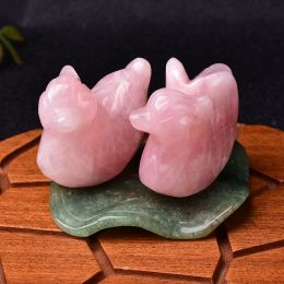 1 Set Rose Quartz Mandarin Duck Natural Crystal Stone Scarved Lover Symboliser Figurine Lotus Feuille Décorative décorative Ornements