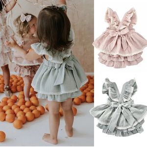 1 Set Vintage Baby Girl Mouwess Criss-Cross Dress Kid Ruffles Dresslace Shorts Todder Princess Dresses Children Children Clothing 4T 240527