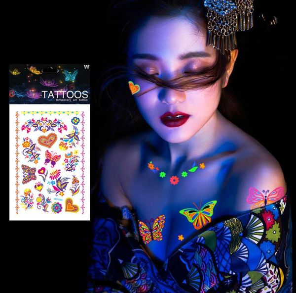 1 feuille de tatouages temporaires lumineux autocollants brillent de papillon fluorescent foncé tatouage pour le corps art du corps Halloween Party6707028
