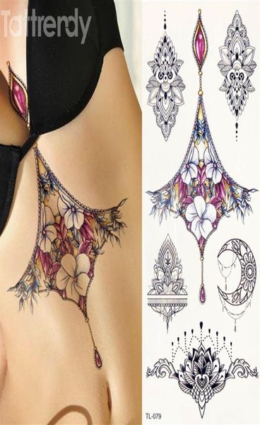 1 feuille femmes sternum bijoux tatouage temporaire corps poitrine taille art tatouage autocollant cool sexy tour de cou pendentif sous les dessins du sein T3788695