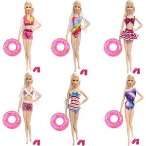 1 * Swimwear + 1 * Lifebuoy aléatoire + pantoufles de maillot de bain Summer Bikini Swimming Vêtements pour Barbie Doll Accessories DIY Toy JJ