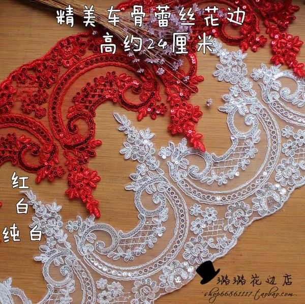 1 yard Bling blanca marfil rojo lentejuelas de tela de lentejuelas Venise Venecia Venecia Mesh Lace Apliques Apliques de costura de costura para decoración de la boda