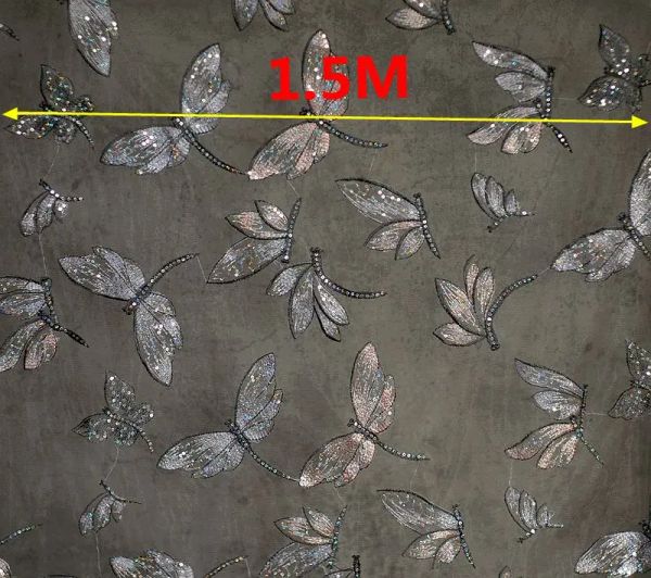 1 mètre paillettes brodées de la libellule de papillons brodés tissu de dentelle pour robe, tissu bricolage patchwork matériau de couture de 150 cm de largeur