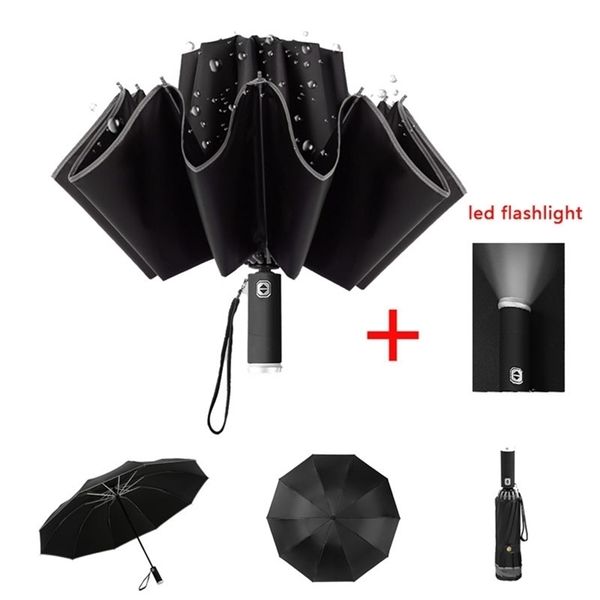 10/12K coupe-vent automatique pli parapluie inversé avec lampe de poche LED voiture parapluie inversé bande réfléchissante pluie parapluie 201119