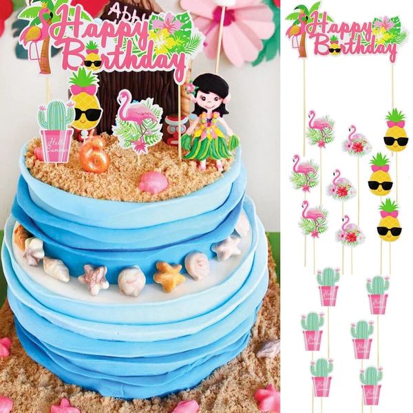 10 / 12pcs Tropical Hawaii Party Green Leaf Cake Topper Flower Flamingo Cupcake Topper pour la fête d'anniversaire de la jungle d'été décor