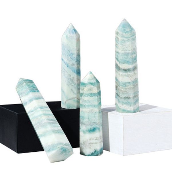 10 ~ 14 cm Pilar de cristal natural Patrón sub-azul piedra Adorno artístico Mineral Chakra Varitas curativas Reiki Prisma hexagonal Zafiro Punto de cuarzo