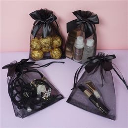 Sacs en Organza à cordon coulissant, sac d'emballage transparent de couleur noire avec nœud papillon, pochettes cadeaux, pochettes à bijoux, sacs à bonbons, package326f, 10 15cm