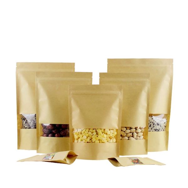 10 * 18cm sacs en papier kraft avec fenêtre transparente thermoscellage fermeture à glissière sac d'emballage pochettes debout pour aliments noix grains thé emballage