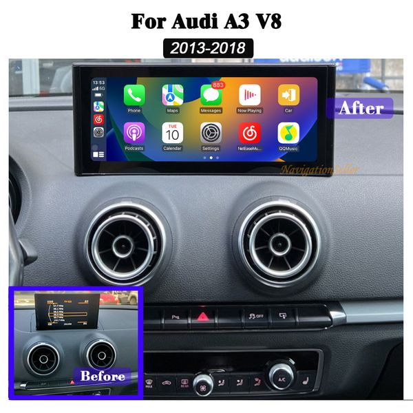 10.25 pouces 1920*720 écran Android 13 autoradio sans fil CarPlay pour AUDI A3 8V 2013-2018 stéréo GPS lecteur vidéo multimédia Youtube Google Waze Spotify Yandex dvd de voiture