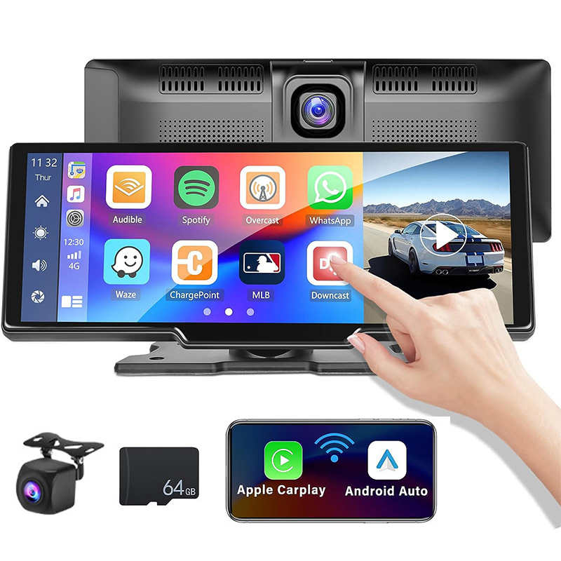 10.26 '' Bil Stereo Apple CarPlay Android Auto med 2,5K Dash Cam, 1080p Backup Camera Car Radio Car Video med Bluetooth/Mirror Link/Maps Navigation/Voice Control