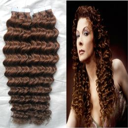 10-28 "Tape Hair Extensions Virgin 100g Menselijke Tape in Hair Extension Skin Inslag PU-verlenging Remy 30 Auburn Bruin Curly Band Haar