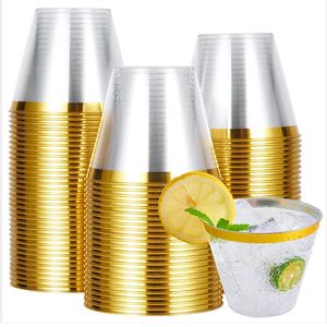 10/50 / 100pcs tasses en plastique en or 9 oz tasses transparentes avec verres à cocktails en or tasses à boire