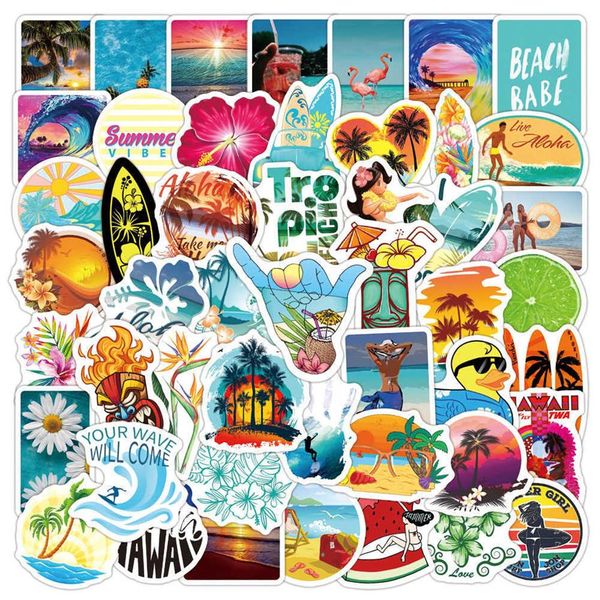 10 50 PCS En Plein Air Hawaii Surf Autocollants D'été Plage Tropicale Surf Étanche DIY Planche De Surf De Voiture Planche À Roulettes Sticker Autocollant Car247i