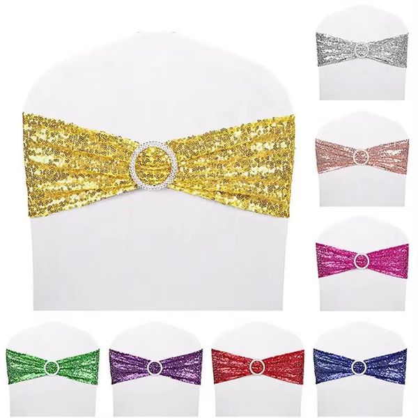 10 50pcs ceintures de chaise à paillettes pour fête dîner banquet housses de chaise décoration chaise extensible arc chaise arrière fleur bandes de chaise 231227