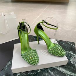 Sandalias de tacón alto de 10,5 CM Diseñador de lujo zapatos de vestir de tacón alto ajustados Sandalias de mujer de satén Banquete informal de moda Boda con diamantes de cristal decorados