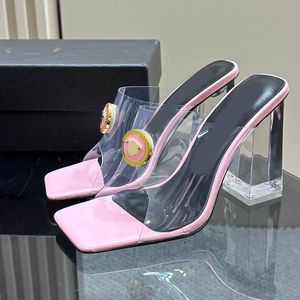 10,5 cm Diapositives de luxe Pantoufles Mules de soirée Sandales de mode Femmes Chaussures Talons épais Talons de créateur PVC Transparent Dessus Slip On Matériel doré Qualité supérieure Peep Toe