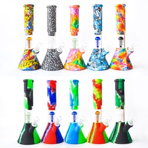 Tubo de agua de 10.5 pulgadas Bong de vidrio Percoladores de 6 brazos Hookah Silicone Dab Rig con vaso de precipitados reciclador