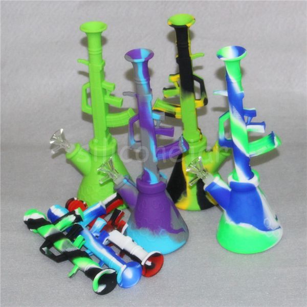 10.6 '' forme de mitrailleuse ak47 conduites d'eau shisha narguilé portable silicone eau bong incassable tabac pipe avec bol en verre de 14mm