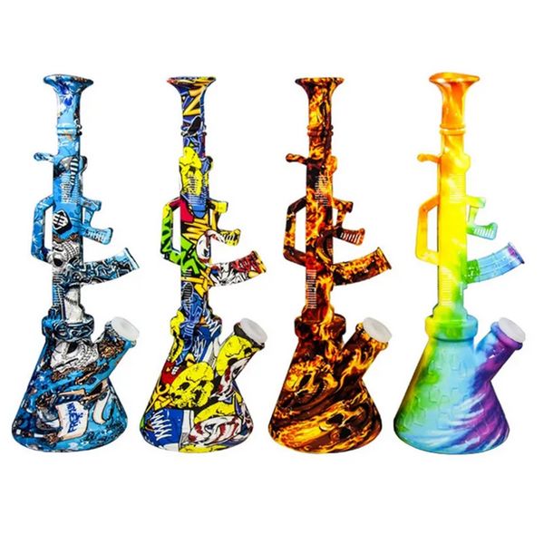 10.6 pulgadas forma de pistola ak47 silicona shisha bongs pipas de agua pipa de agua para fumar irrompible con tazón de vidrio de 14 mm embriagador bong dab plataforma al por mayor