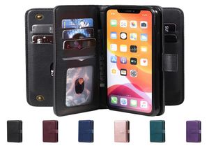 Funda de cuero con tapa multifunción con 10 ranuras para tarjetas para iPhone 12 11 Pro Max XS XR 6 7 8 Plus para Huawei Wallet Magnetic Leechee Stand P6898549