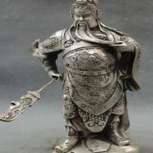 10 Chinese Zilveren Draak Hoofd Loyalisme Warrior GuanGong Guan Yu God Standbeeld metalen handicraft310B