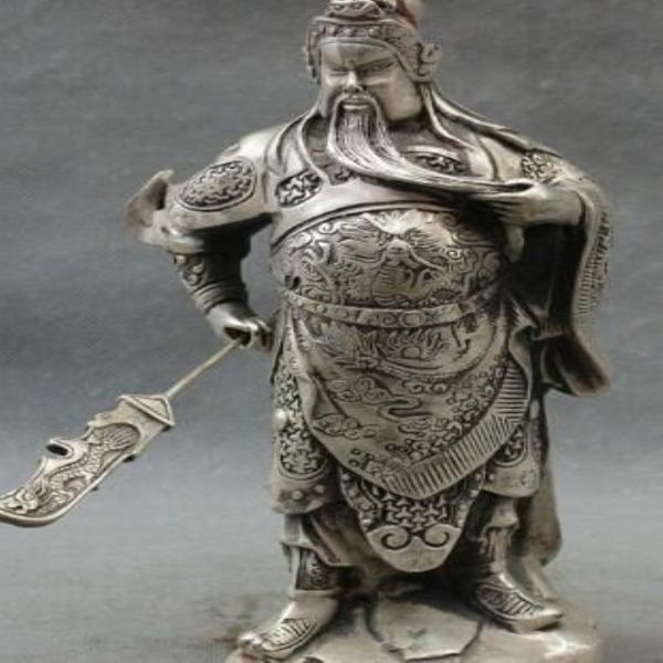 10 cabeza de dragón de plata chino guerrero de lealtad GuanGong Guan Yu estatua de Dios metal handicraft201o