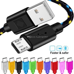 10 kleuren 1m 2M 3M Stof Nylon Micro USB-oplader Kabels Type C-kabel voor Samsung S6 S7 S8 Xiaomi HTC