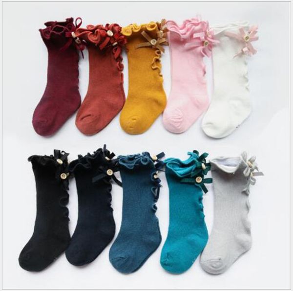 10 colores 2021 nuevos calcetines para niños pequeños niñas gran lazo de punto hasta la rodilla calcetines largos de encaje de algodón suave calcetines con volantes para bebés