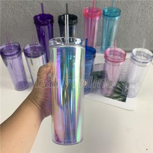 10 kleuren 20 oz Acryl Tumbler met Deksel Stro Dubbelwandig ALS Herbruikbare Plastic Bekers Duidelijke Rechte Reizen Waterflessen