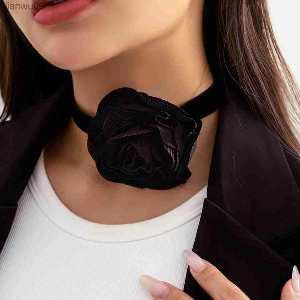 Collar de cadena de clavícula de flor de rosa grande de terciopelo coreano elegante de 10 colores para mujeres Goth ajustable Sexy Mariage cuello joyería regalo L230704