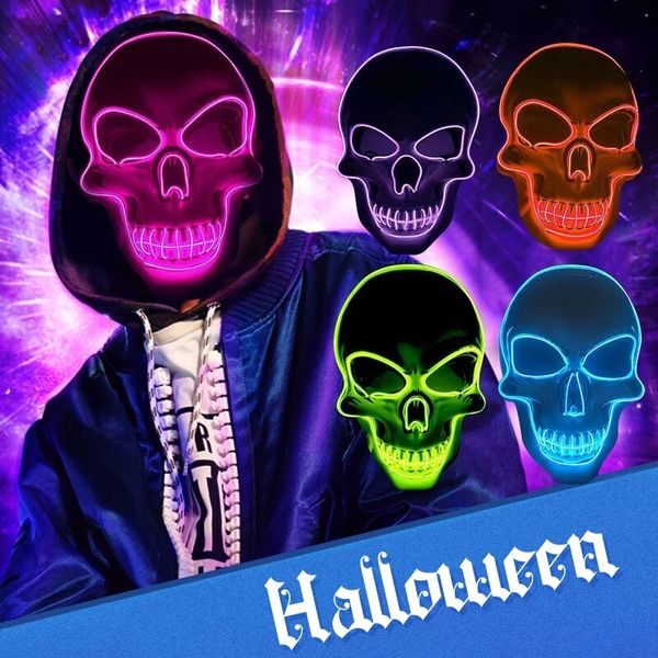 10 cores Halloween Horror Máscara LED Forma de caveira Luz fria Máscaras brilhantes Dança Glow In The Dark Festival Cosplay Máscara assustadora para mulheres Homens Fontes de festa