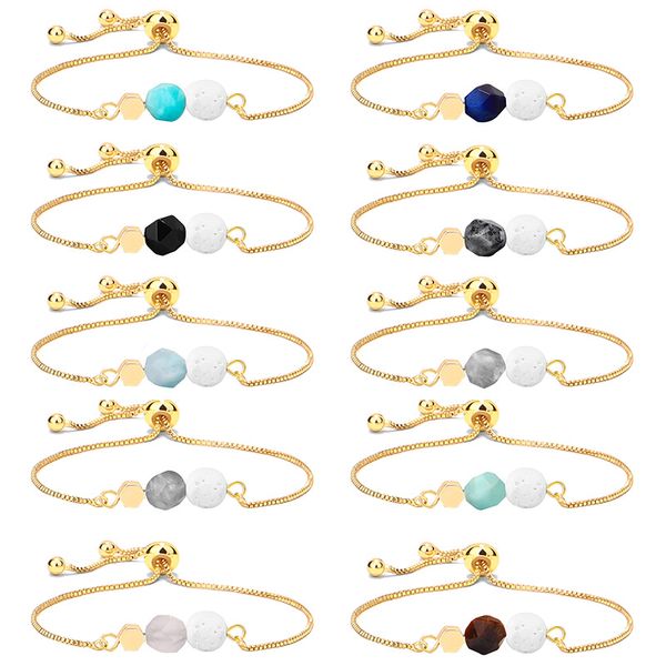 Bracelet en perles de pierre volcanique fait à la main 10 couleurs en or 14 carats avec chaîne de boîte réglable, perles en corde, œil de tigre, yoga, énergie, soulagement de l'anxiété, bijoux, accessoires pour femme.