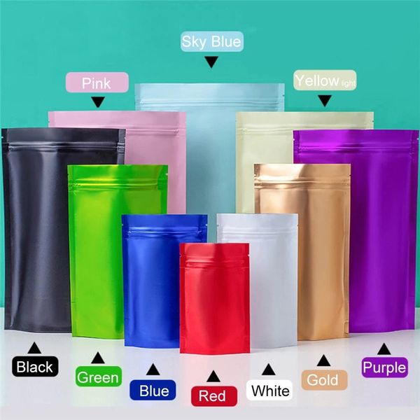 10 colores Paquete de sellado térmico Bolsas Papel de aluminio Mylar Tear Notch Color negro mate Bolsa de pie al por mayor LX4238