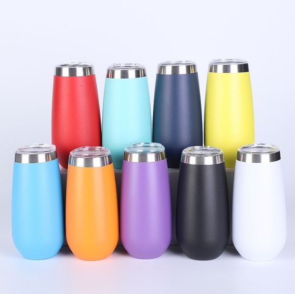 10 colores Copas de vino de tiro 6 oz Forma de huevo Vaso recubierto de energía con tazas de línea plateada Taza de cerveza de acero inoxidable de doble pared Flautas de champán con tapas B0028