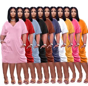 10 couleurs été femmes robe longue mode couleur unie col en V manches courtes robes lâches avec poche colorée grande taille vêtements pour femmes