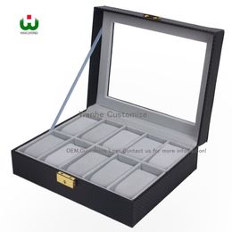 10 grilles Slot PU nouveau biais en cuir marque Logo boîte de montre organisateur d'affichage dessus en verre bijoux stockage ORGANISATEUR BOÎTE NOIR Gris Interi251V