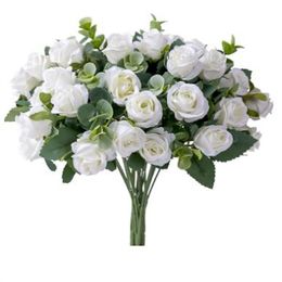 10 têtes fleur artificielle Silk rose blanche eucalyptus laisse le bouquet de pivoine fausse fleur fleur pour table de mariage vase vase décoration à la maison