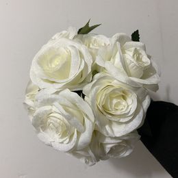 10 cabezas Flores Borgoña Bouquet Silk Rose Flower White Brides Damids Bouquet Bouquets de flores artificiales Decoración de la casa del hogar