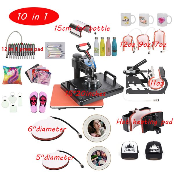 Imprimantes 10 en 1 Machine multifonctionnelle combinée de presse de Sublimation, imprimante de transfert de chaleur pour la bouteille de tasses/bouchons