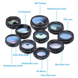 Kit de lente de cámara de teléfono 10 en 1, lente macro gran angular ojo de pez, lente telescópica 10x para cámara digital, teléfonos móviles