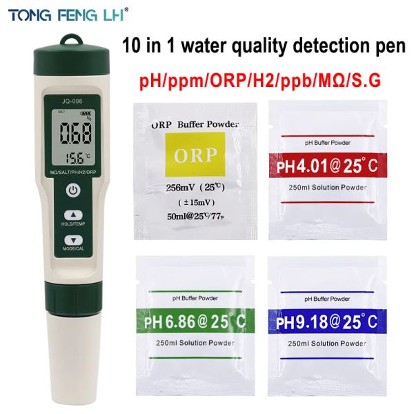 10 dans 1 Test de la qualité de l'eau PH / TDS / EC / SALT / TEMP / S.G / ORP / H2 / Fertile / Resistivité Pools Tester, Aquariums Meter Detecteur