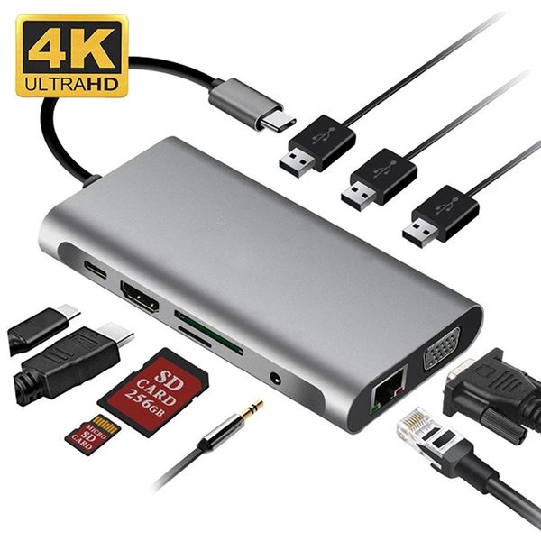 Estaciones de acoplamiento de concentrador USB tipo C 10 en 1 Tipo C a HDTV Adaptador VGA 4K RJ45 Lan Ethernet SD TF USB-C 3.0 Typec Conector de 3,5 mm Audio y video para MacBook Pro OTG