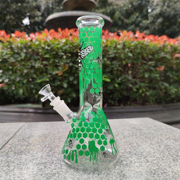 10 pulgadas 25 CM Resplandor en la oscuridad Tema de la abeja Vaso de vidrio Bong Pipa de agua de la cachimba de Halloween Botellas de agua de vidrio Dab Rig Pipa de agua