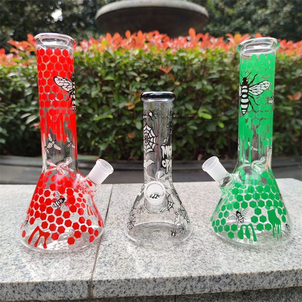 10 pulgadas 25 cm Resplandor en la abeja verde Tema rojo Vaso de vidrio Bong Halloween Hookah Tubería de agua Botellas de agua de vidrio Dab Rig Tubería de agua