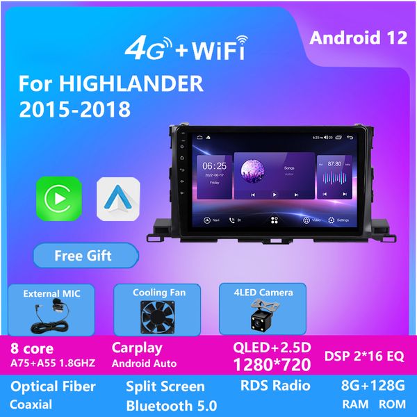 Vídeo estéreo de la unidad principal del coche de 10 pulgadas Android Video Octa Core para TOYOTA HIGHLANDER 2015-2018 BT WIFI 4G LTE